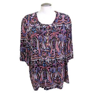 Ulla Popken Popover Tunic Top Blouse Womens Size 16 18 Multi Paisley Tie Front